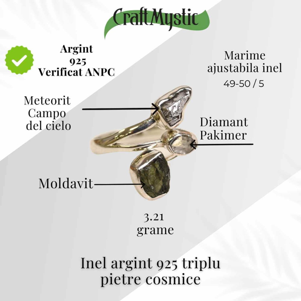 Inel din argint 925 cu tripla piatra naturala Moldavit, Diamant Pakimer si Meteorit Campo del Cielo [3]