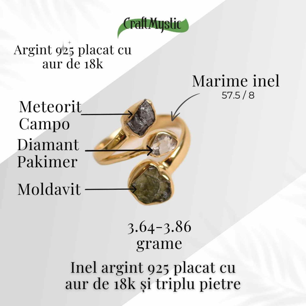 Inel argint 925 placat cu aur de 18k cu Moldavit, Meteorit si Palimer – Putere cosmica si claritate [3]