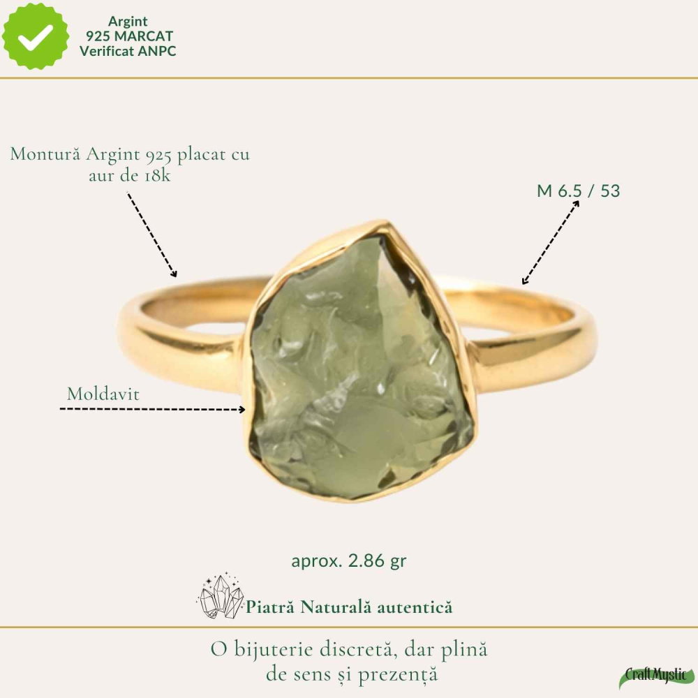 Inel argint 925 placat cu aur de 18k moldavit brut M6.5/52 – energie intensa si transformare profunda [4]