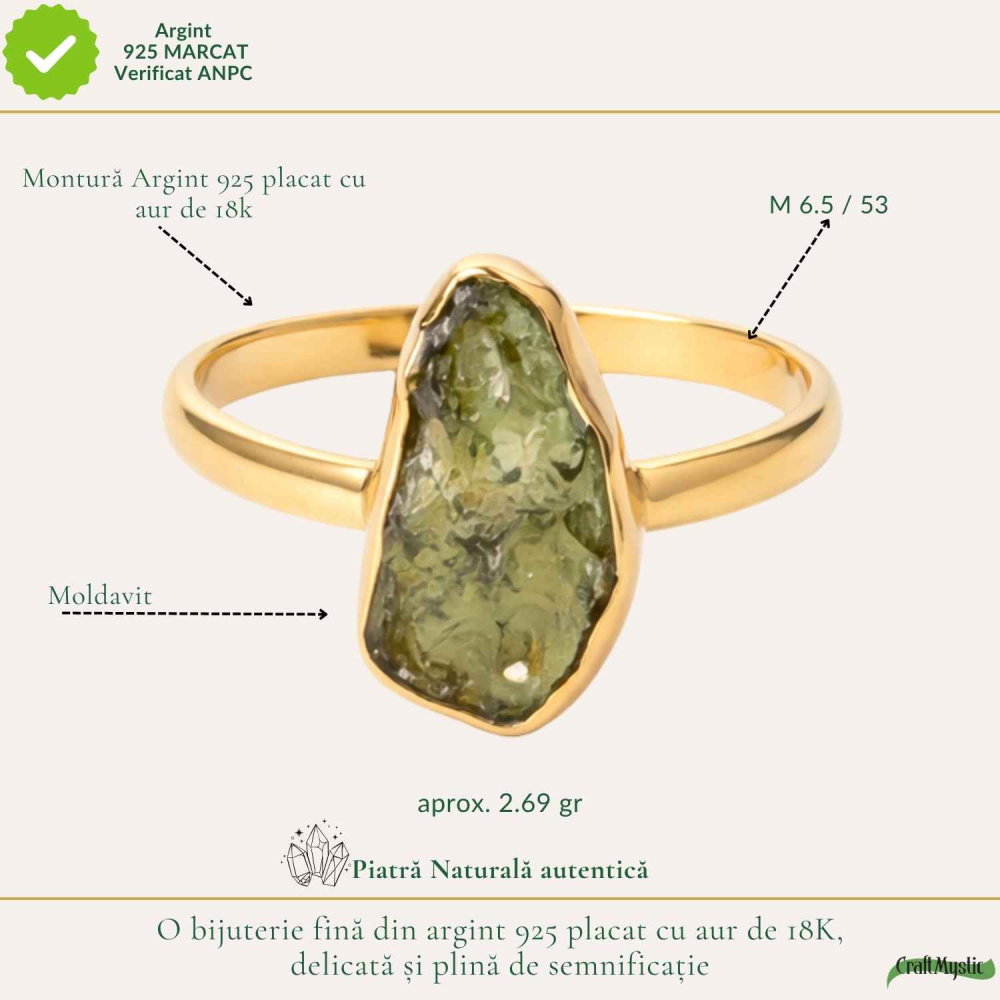 Inel argint 925 placat cu aur de 18k si moldavit brut neuniform, M6.5/53 – energie profunda si transformare autentica [4]