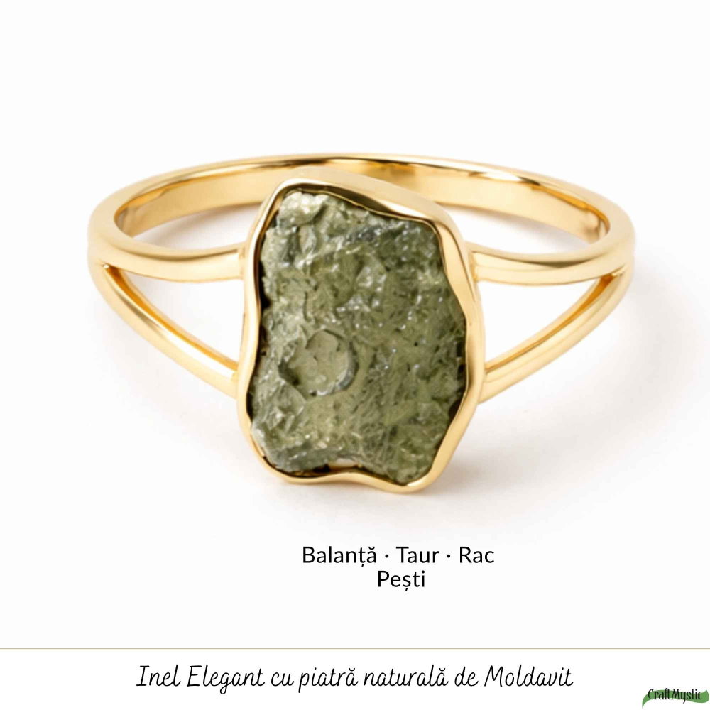 Inel cu Moldavit Verde Brut – Argint 925 Placat Aur 18K, M8.5/58 -  Energie Universala si Echilibru [5]