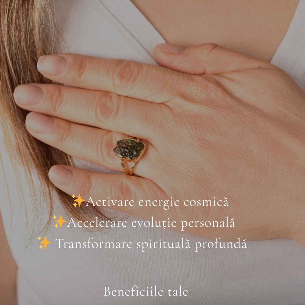 Inel cu Moldavit Verde Brut – Argint 925 Placat Aur 18K, M8.5/58 -  Energie Universala si Echilibru [3]