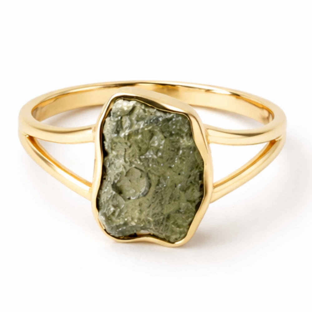 Inel cu Moldavit Verde Brut – Argint 925 Placat Aur 18K, M8.5/58 -  Energie Universala si Echilibru [1]