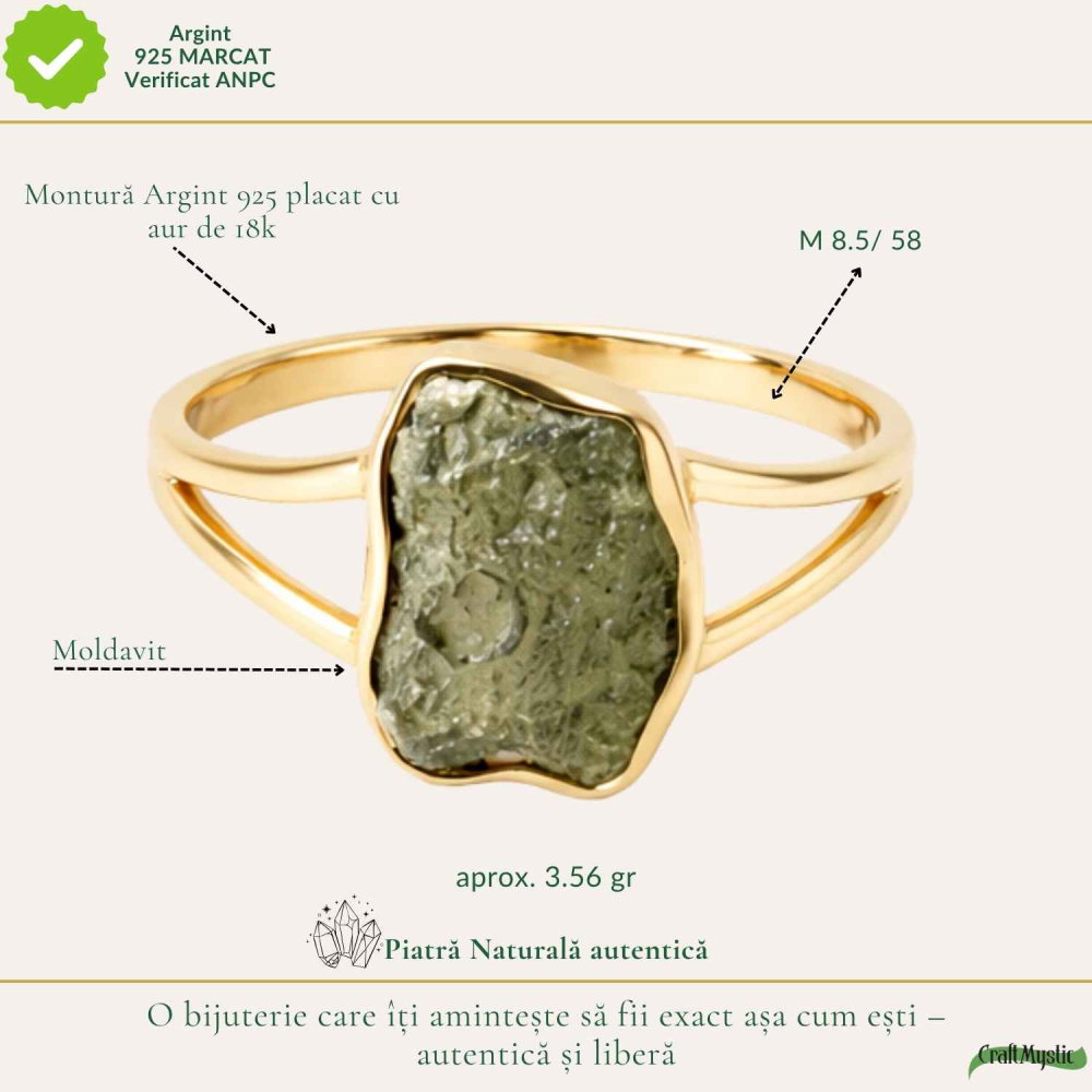 Inel cu Moldavit Verde Brut – Argint 925 Placat Aur 18K, M8.5/58 -  Energie Universala si Echilibru [4]