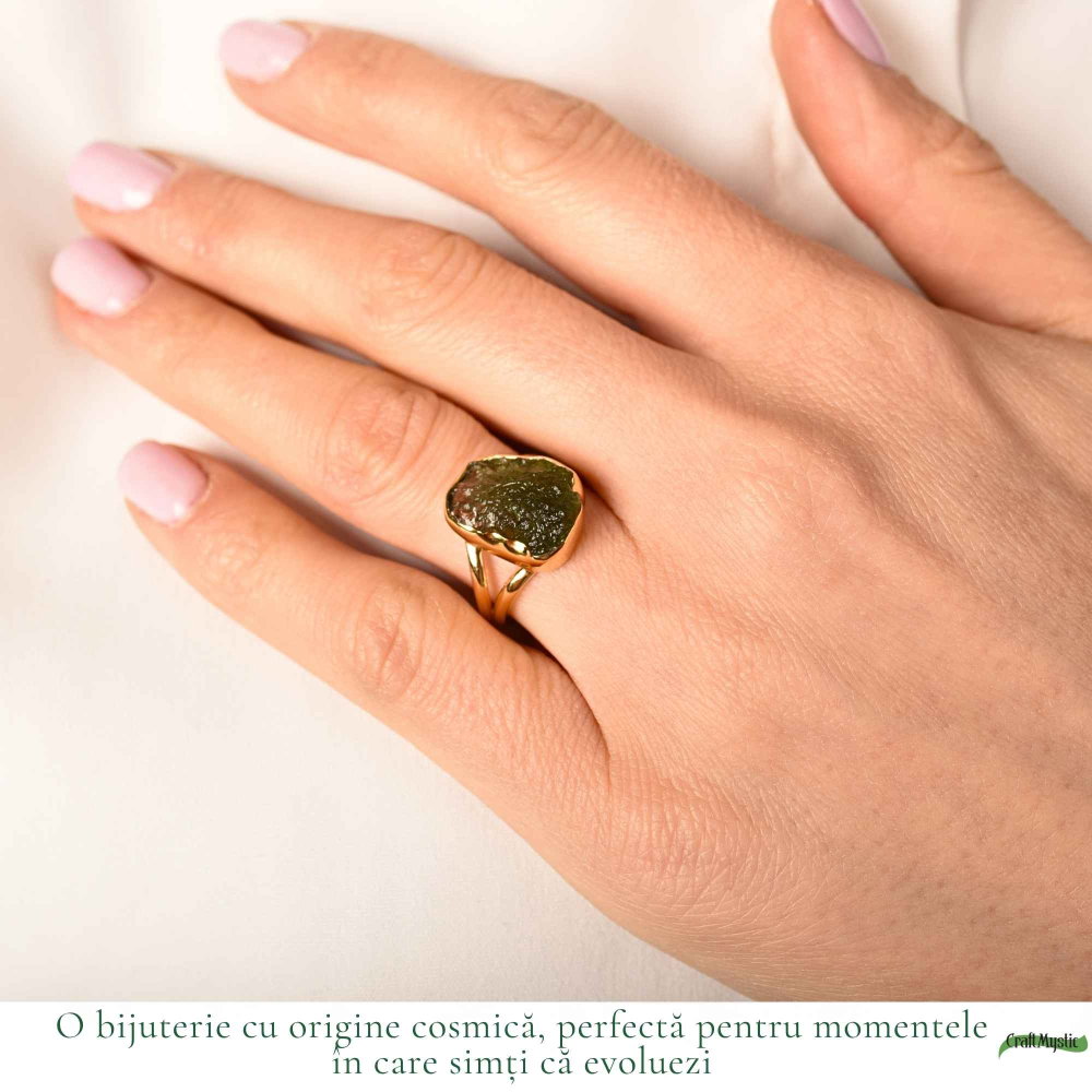 Inel argint 925 placat cu aur de 18k si moldavit brut M6.5/53 – energie intensa si transformare autentica [2]