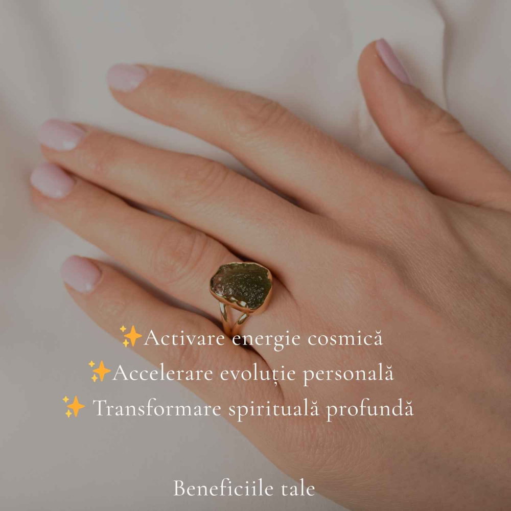Inel argint 925 placat cu aur de 18k si moldavit brut M6.5/53 – energie intensa si transformare autentica [4]