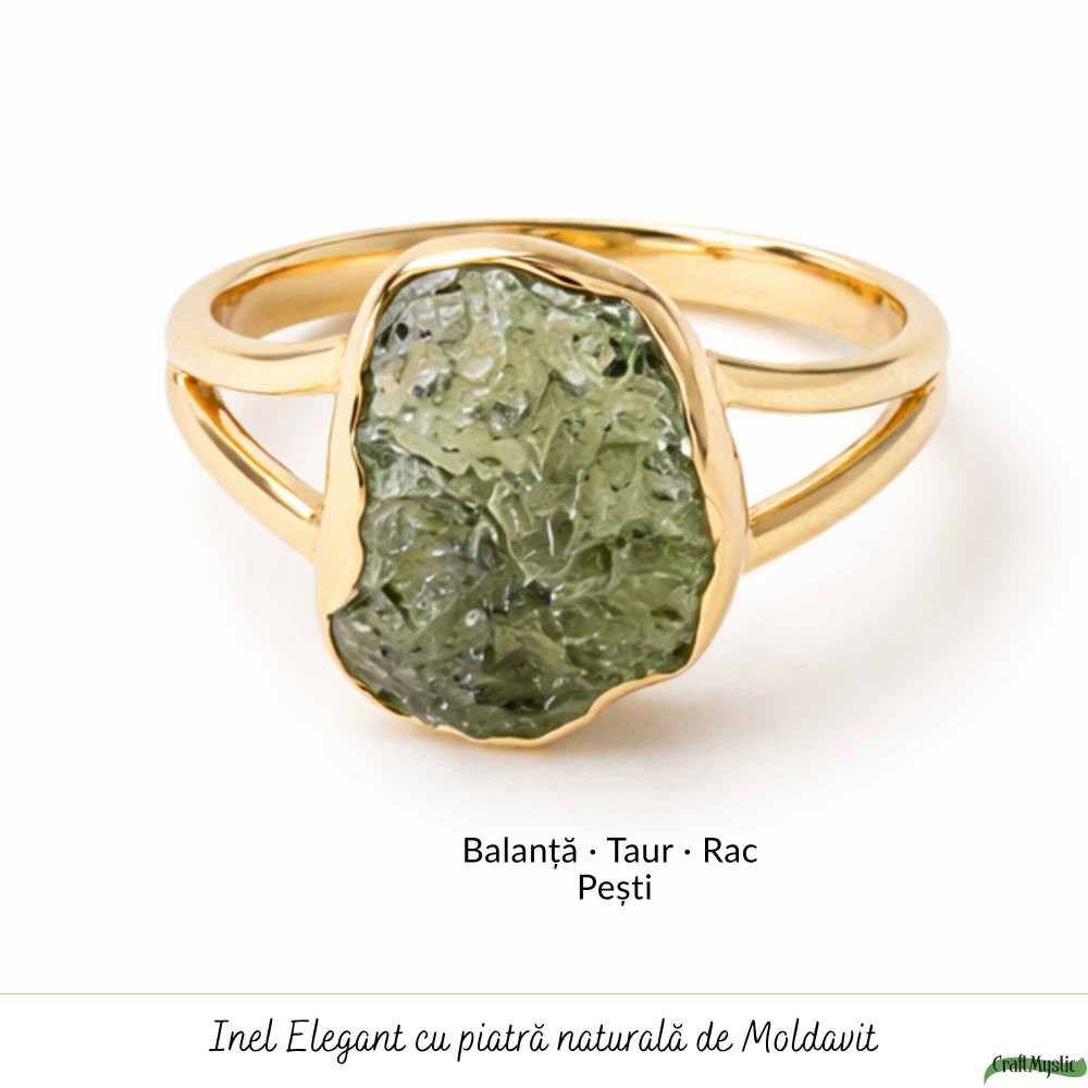 Inel argint 925 placat cu aur de 18k si moldavit brut M6.5/53 – energie intensa si transformare autentica [5]