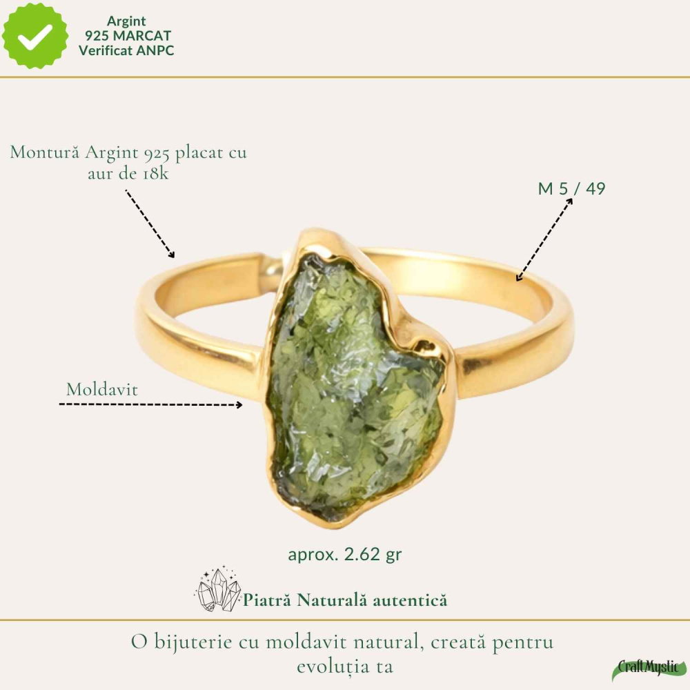 Inel argint 925 placat cu aur de 18k si moldavit brut M5/49 – energie intensa si transformare autentica [4]