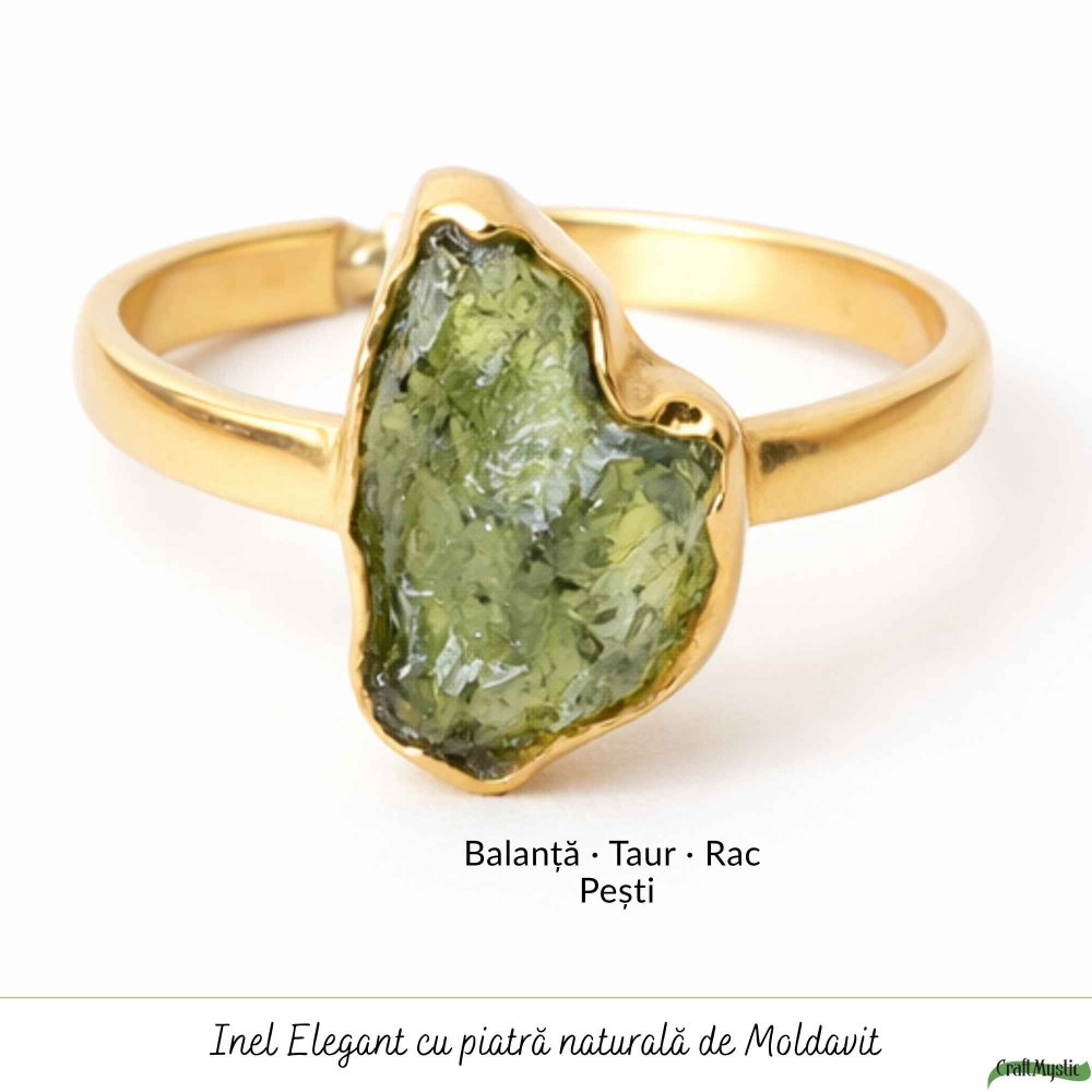Inel argint 925 placat cu aur de 18k si moldavit brut M5/49 – energie intensa si transformare autentica [5]