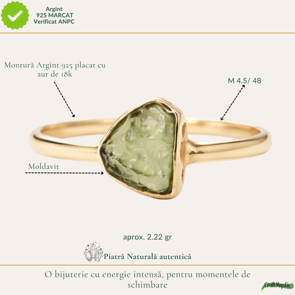 Inel argint 925 placat cu aur de 18k si moldavit bru, M4.5/48 – energie subtila si transformare interioara [4]