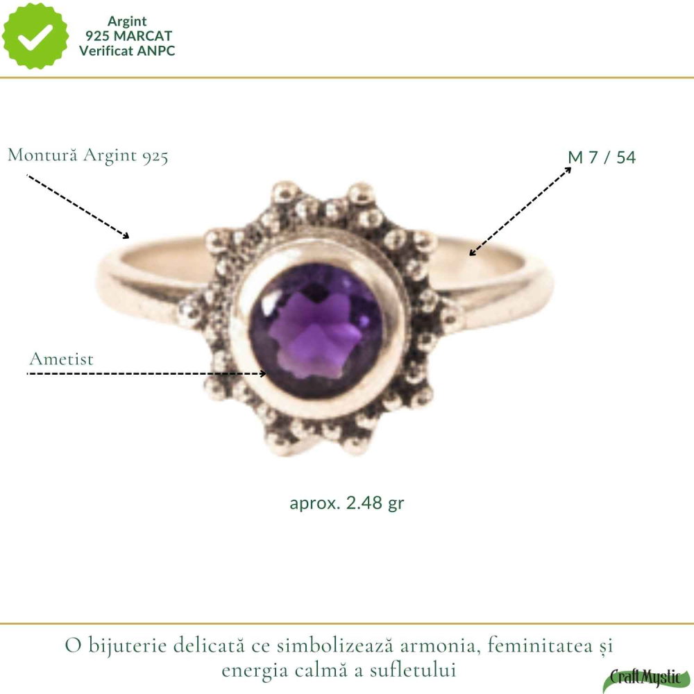 Inel Argint 925 Floare cu Ametist Natural Fatetat – Energie de Calm si Feminitate [4]