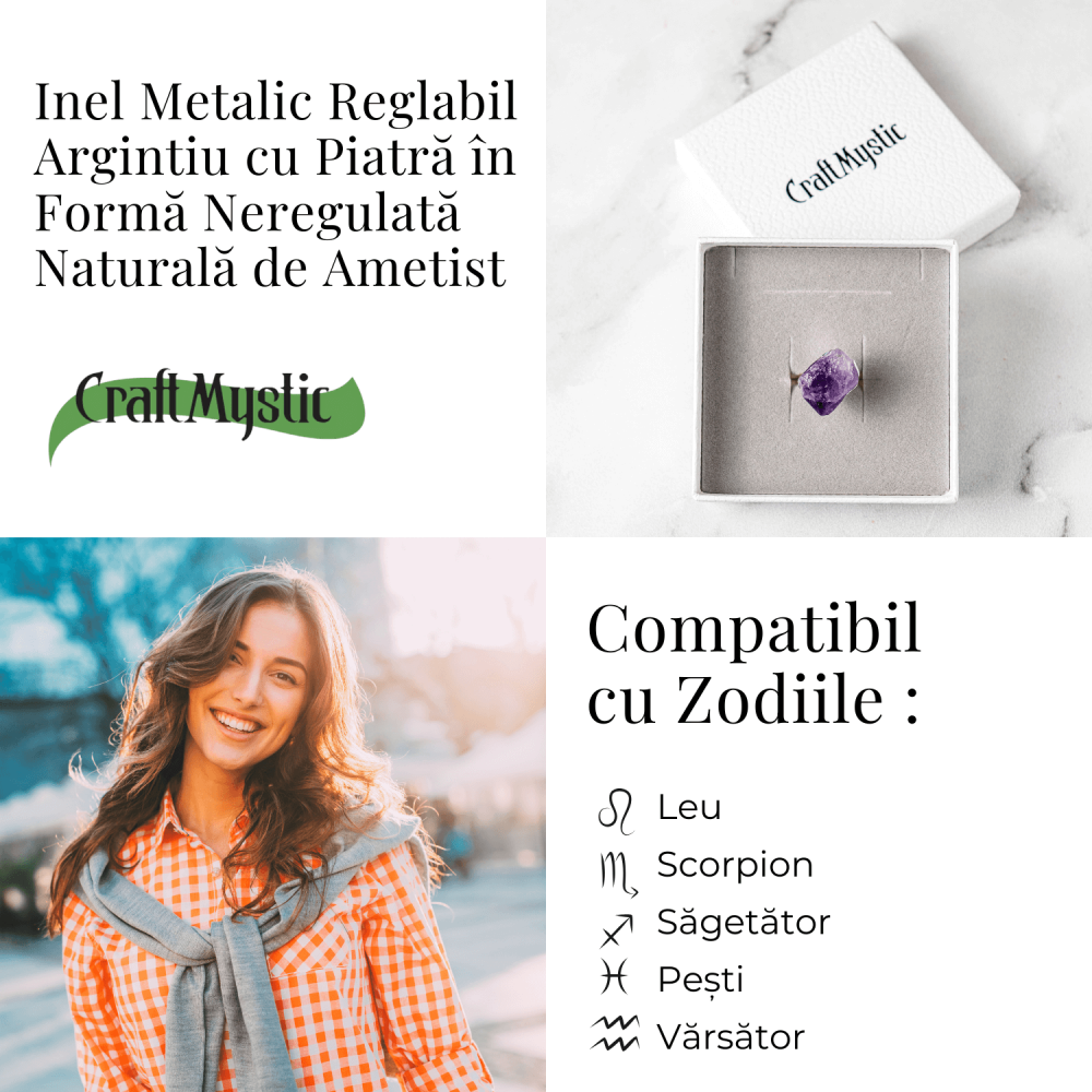 Inel argintiu ajustabil cu vart de Ametist natural, pentru calm si claritate [8]