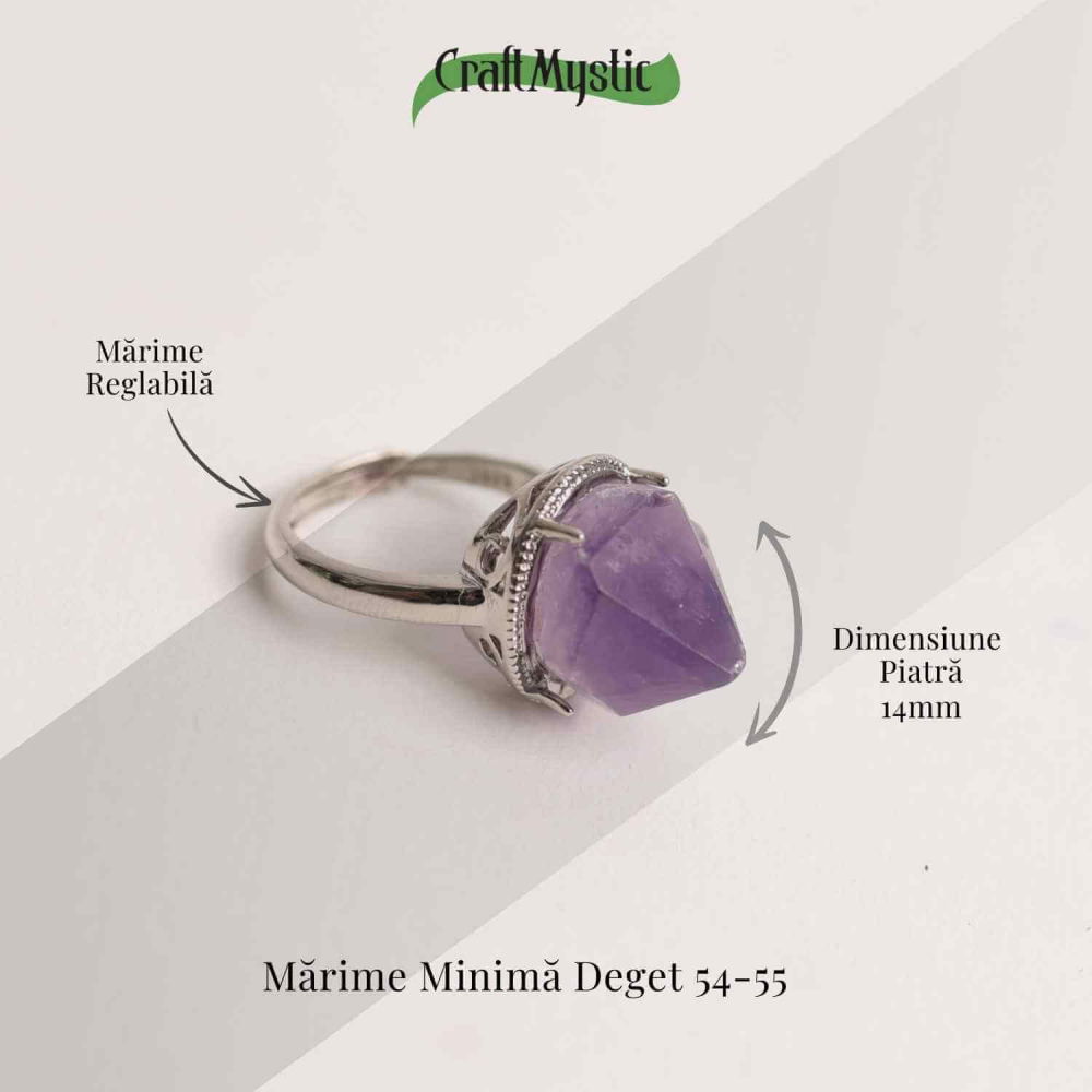 Inel ajustabil argintiu cu piatra naturala varf de ametist [4]