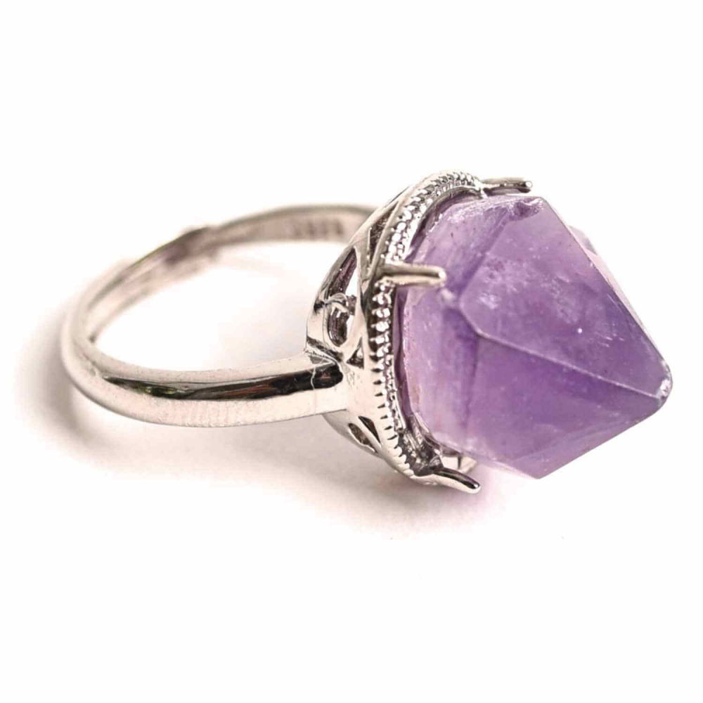 Inel ajustabil argintiu cu piatra naturala varf de ametist [2]