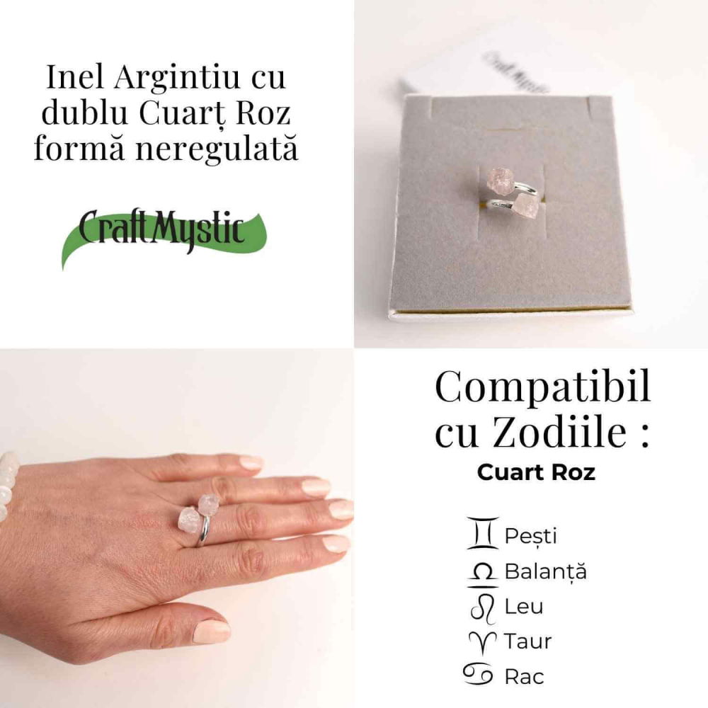 Inel Reglabil Argintiu cu Dublu Cuart Roz, Dragoste Si Armonie [5]