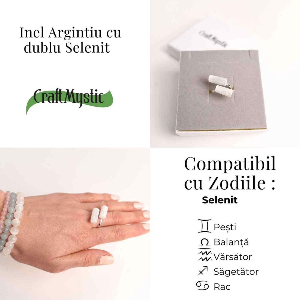 Inel Reglabil Argintiu cu Dublu Selenit, Claritate si Purificare [5]