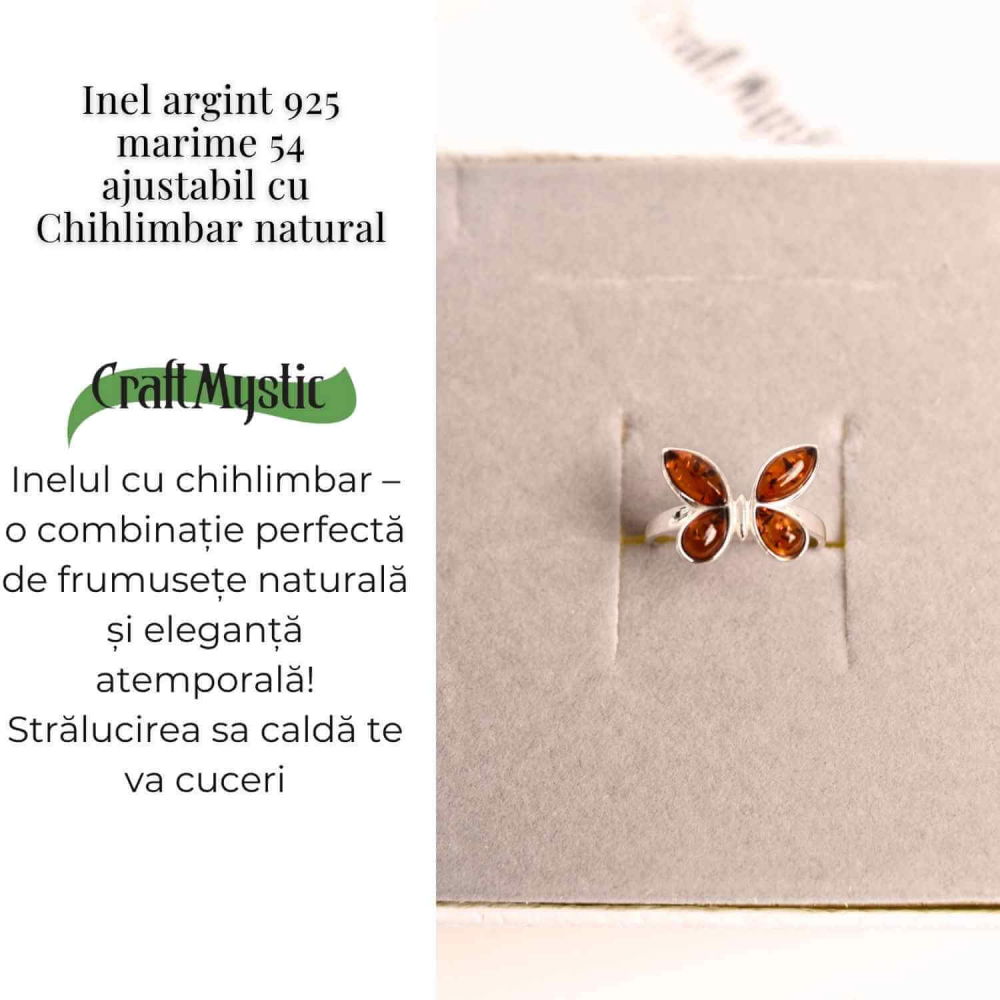 Inel ajustabil argint 925 cu chihlimbar natural forma de fluture– Simbol al elegantei si transformarii [5]