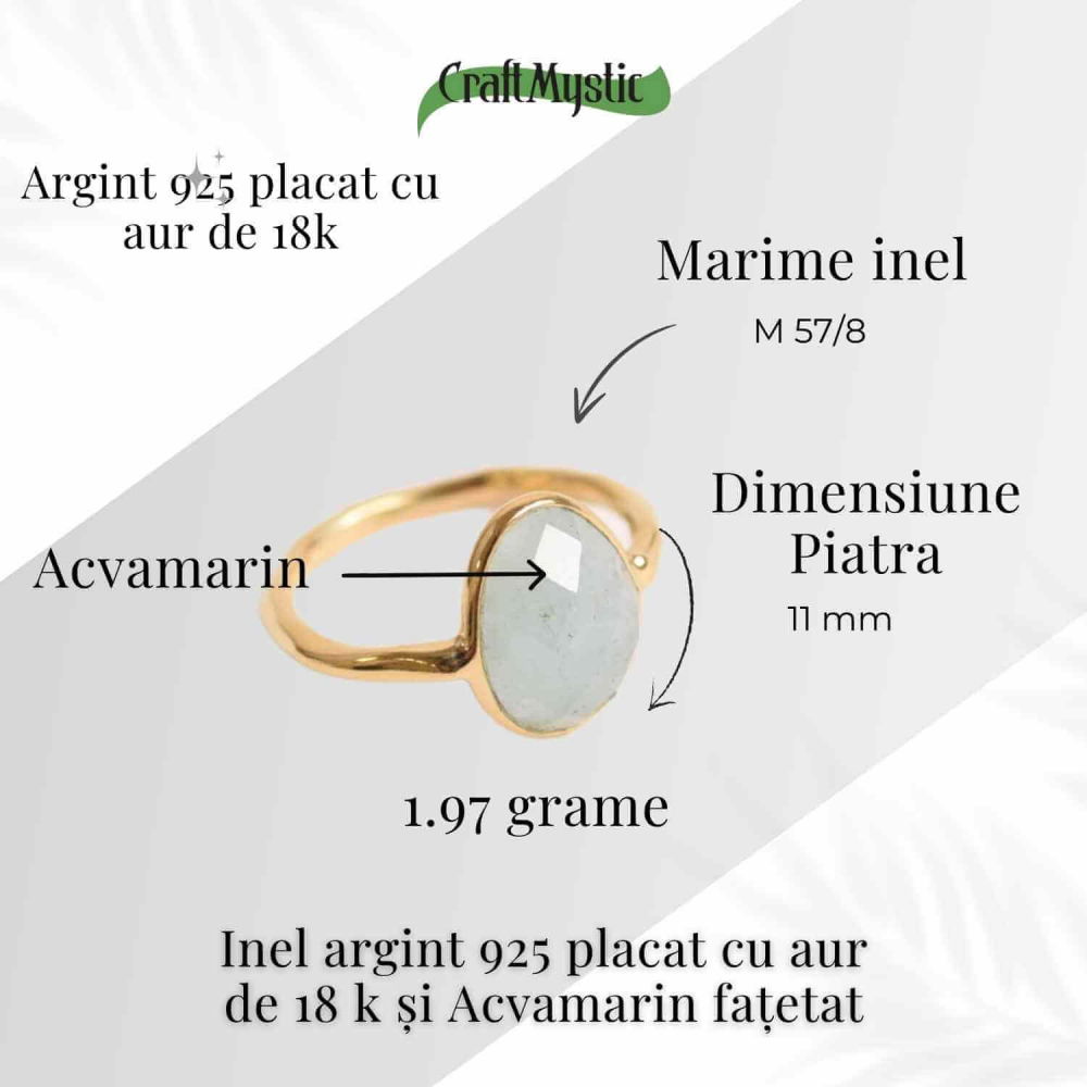 Inel cu Acvamarin Fatetat din Argint 925 placat cu Aur de 18K 1.54 gr – Liniste Interioara si Claritate in Comunicarea Sufletului [2]