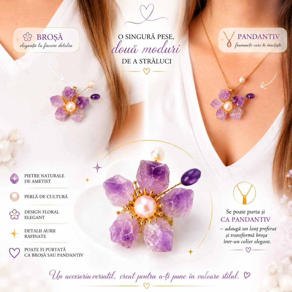 Brosa Pandantiv Floare cu Ametist Natural si Perle de Cultura – Eleganta si Armonie [2]