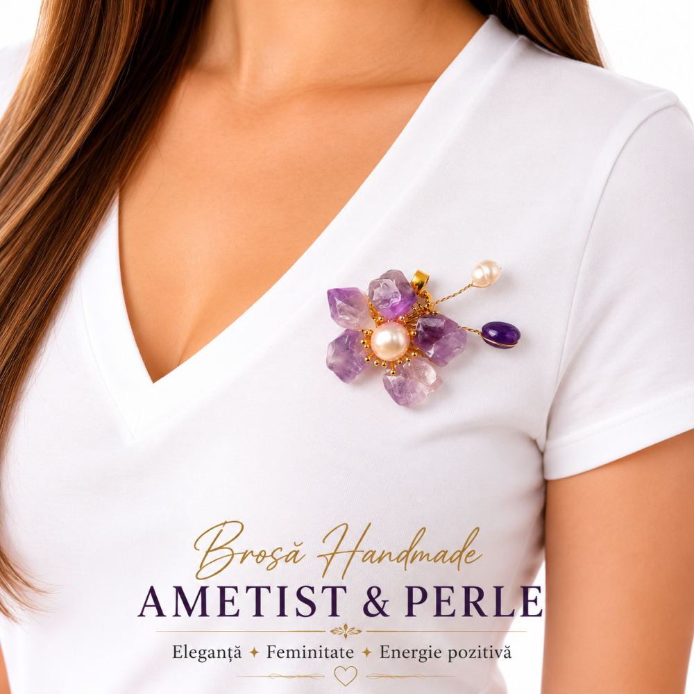 Brosa Pandantiv Floare cu Ametist Natural si Perle de Cultura – Eleganta si Armonie [3]