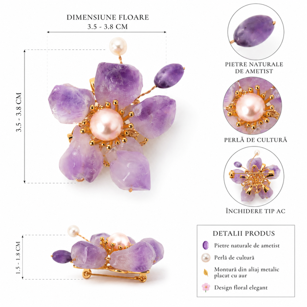 Brosa Pandantiv Floare cu Ametist Natural si Perle de Cultura – Eleganta si Armonie [4]