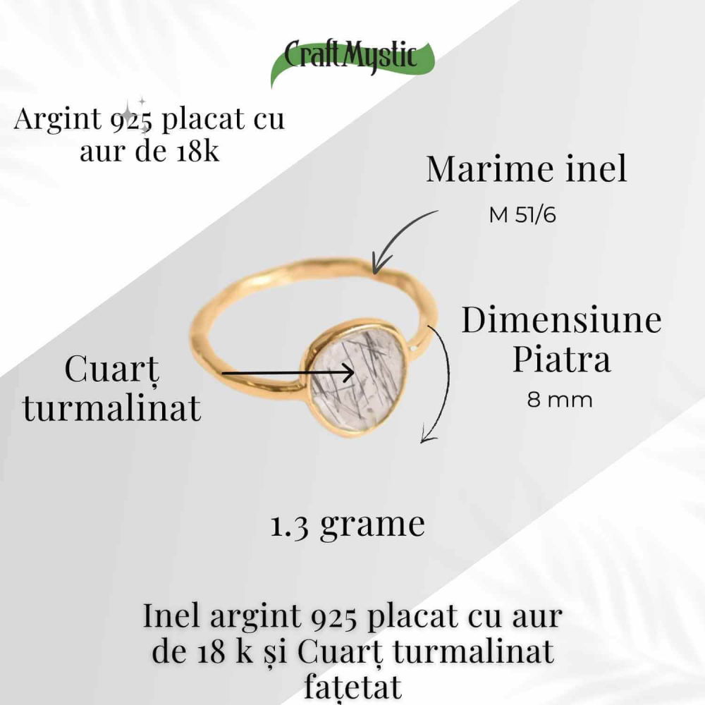 Inel cu Cuart Turmalinat Fatetat din Argint 925 placat cu Aur de 18K – Protectie Energetica si Claritate Interioara [2]