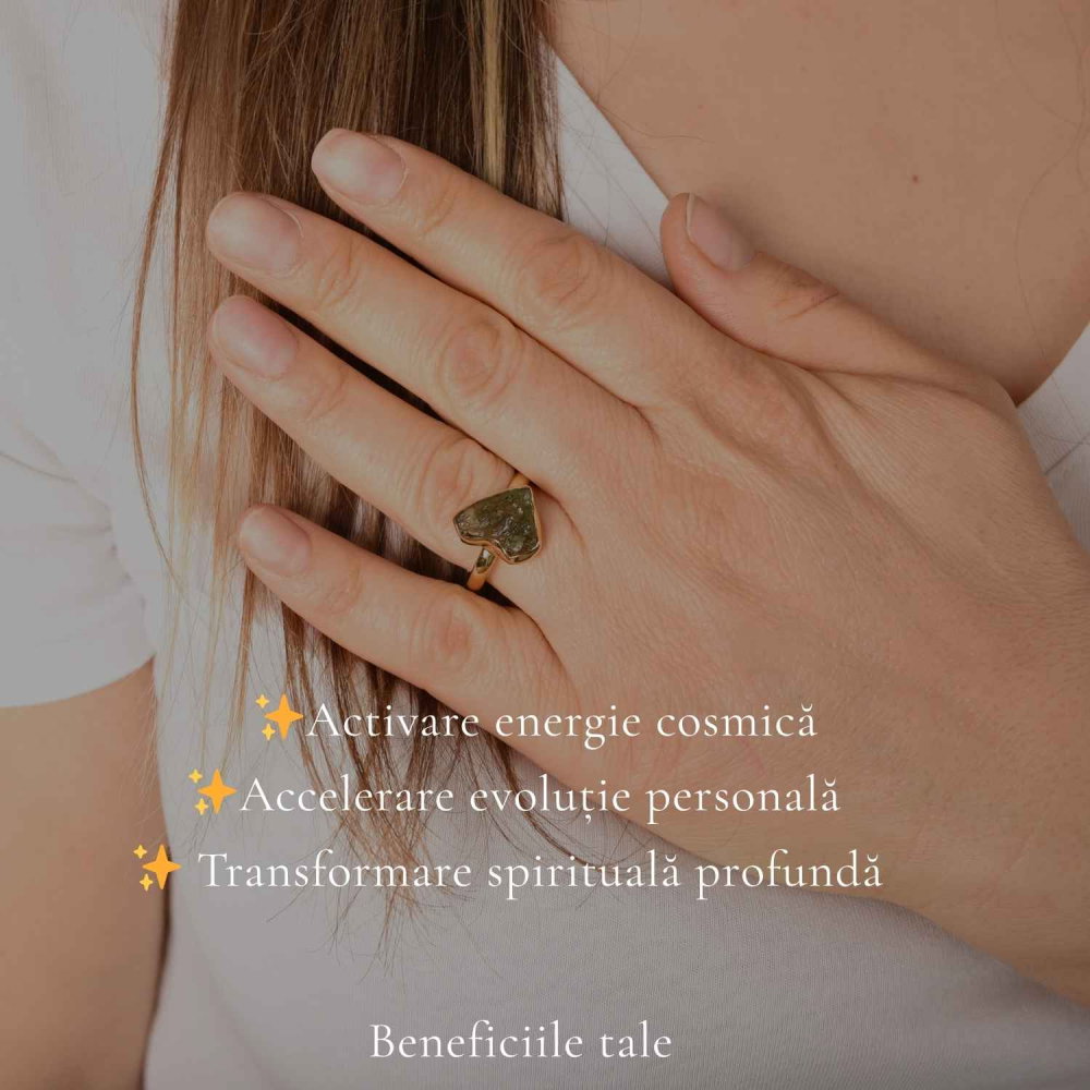 Inel cu Moldavit Autentic si Argint 925 Placat cu Aur 18K, M9.5/61 - Crestere Spirituala si Forta Interioara [3]
