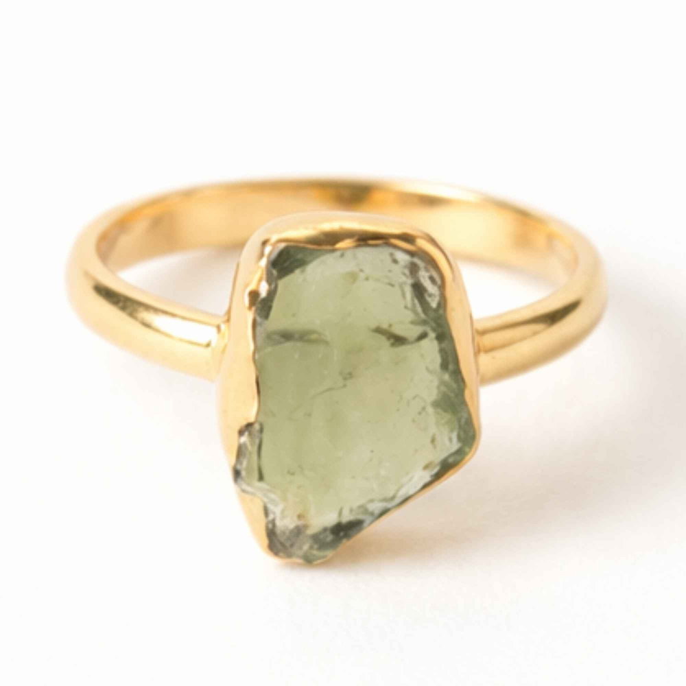 Inel cu Moldavit Brut si Argint 925 Placat Aur 18K, M8.5/58 - Protectie si Intuitie [1]