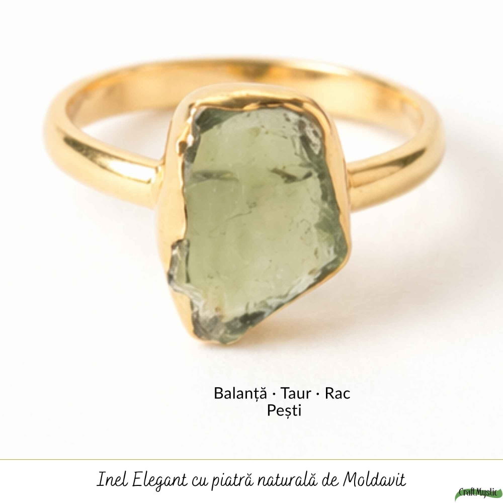 Inel cu Moldavit Brut si Argint 925 Placat Aur 18K, M8.5/58 - Protectie si Intuitie [5]