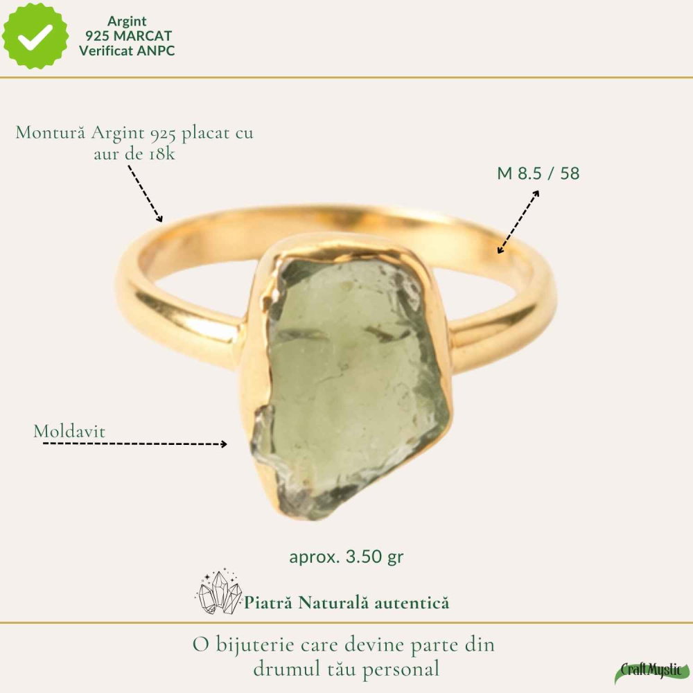 Inel cu Moldavit Brut si Argint 925 Placat Aur 18K, M8.5/58 - Protectie si Intuitie [4]