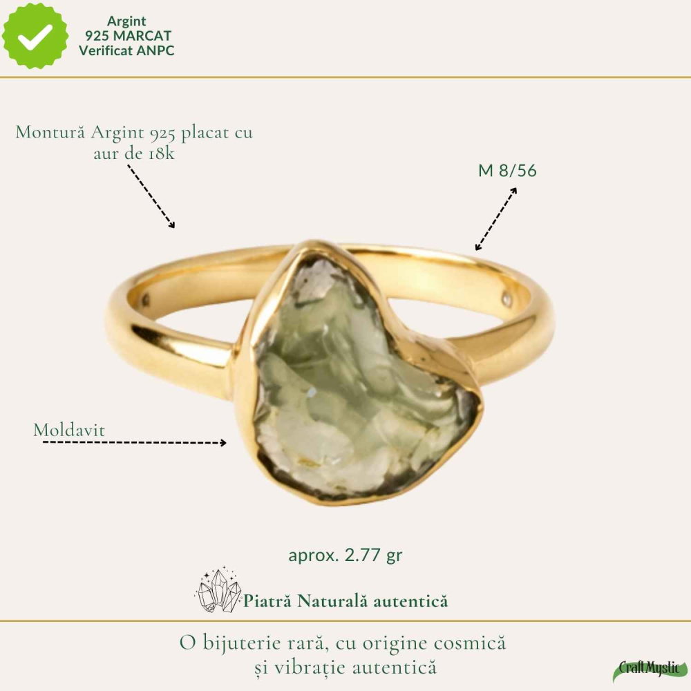 Inel Elegant cu Moldavit Natural, Argint 925 Placat cu Aur 18K, M8/56 - Vibratii Inalte [4]