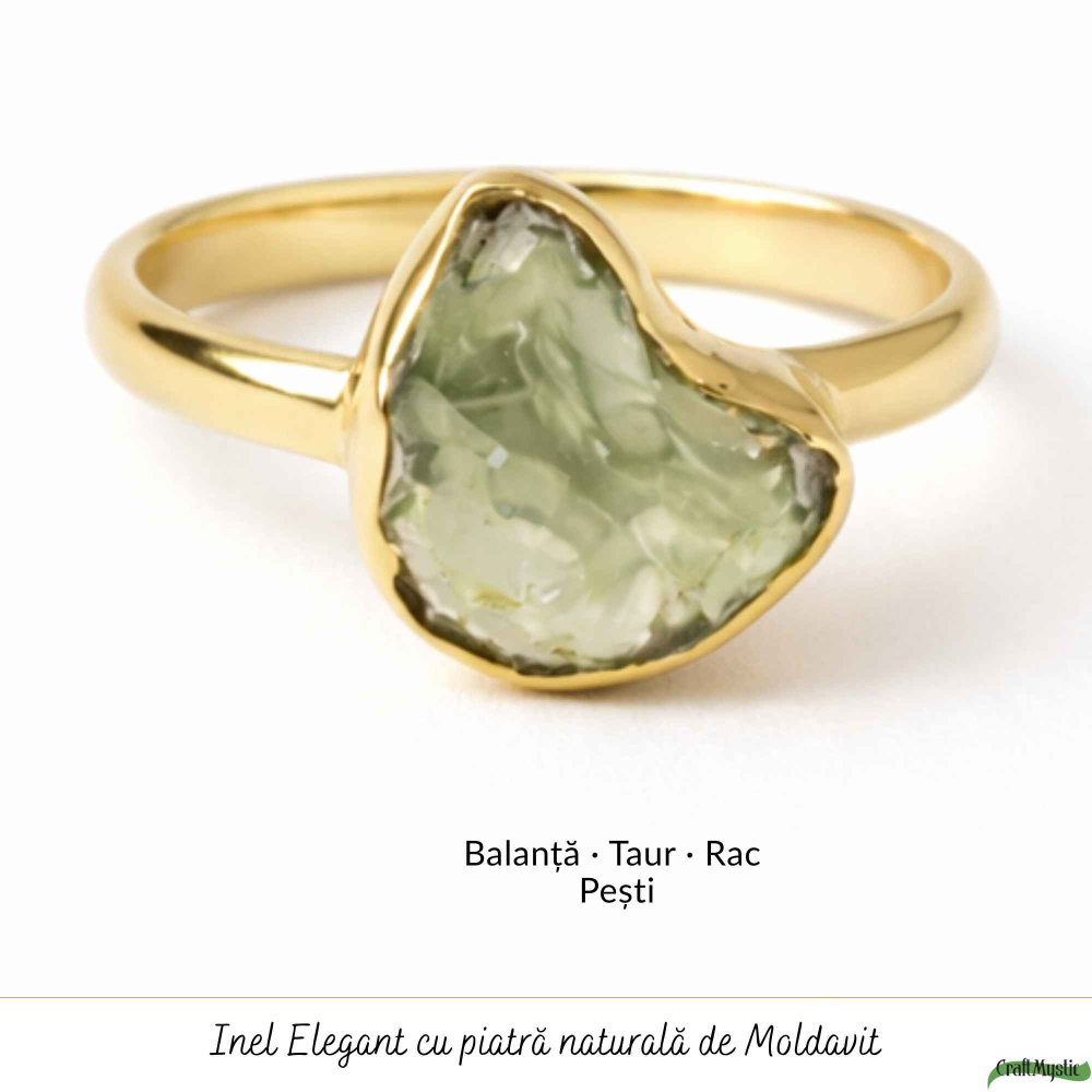 Inel Elegant cu Moldavit Natural, Argint 925 Placat cu Aur 18K, M8/56 - Vibratii Inalte [5]