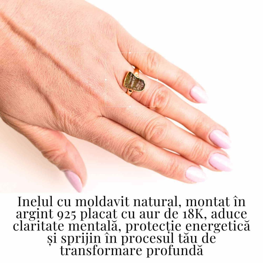 Inel cu Moldavit din Argint 925 placat cu Aur de 18K – Activare Energetica si Evolutie Spirituala, 2.85 gr [2]