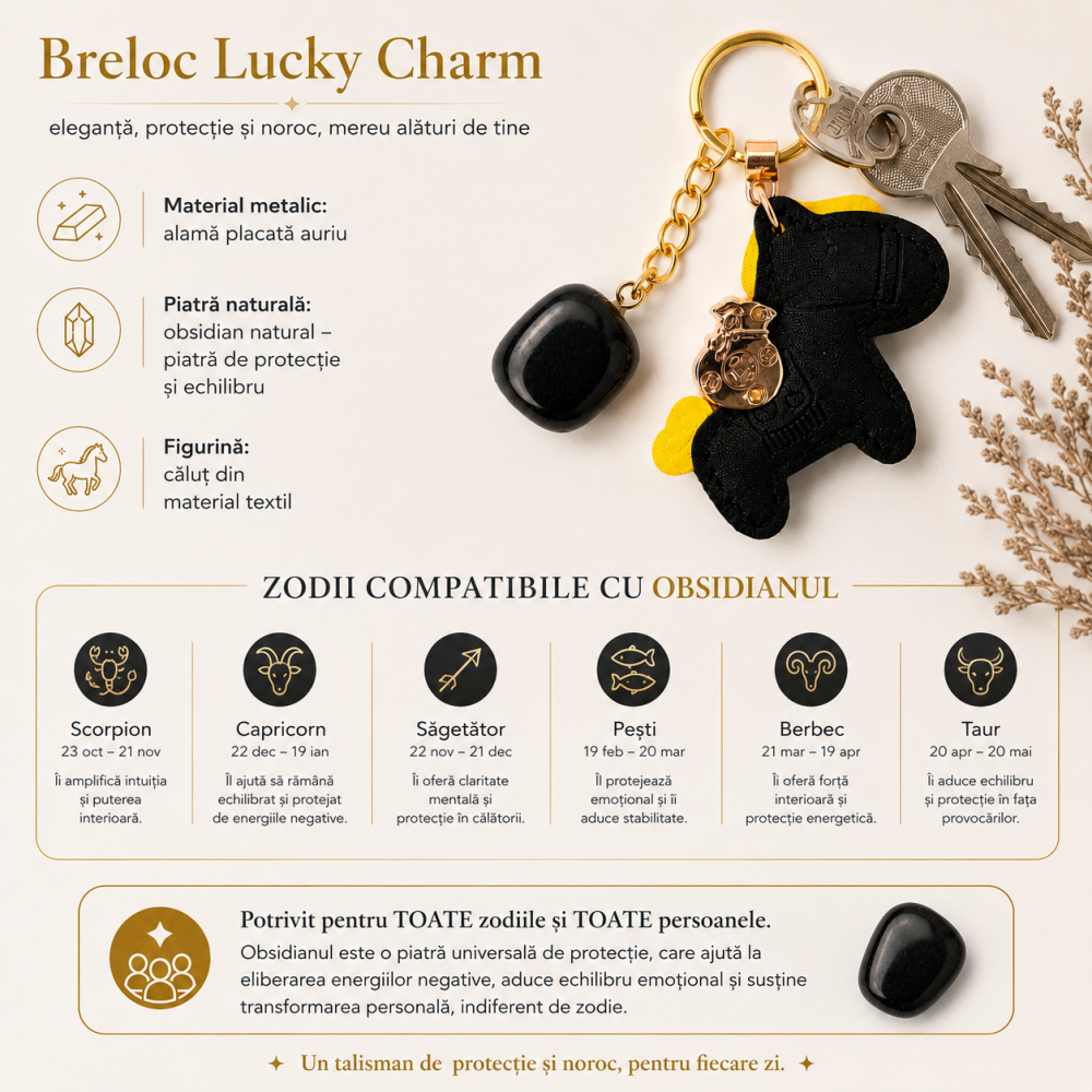 Breloc cu Obsidian Natural si Calut Norocos – Protectie, Curaj si Echilibru Zilnic [4]