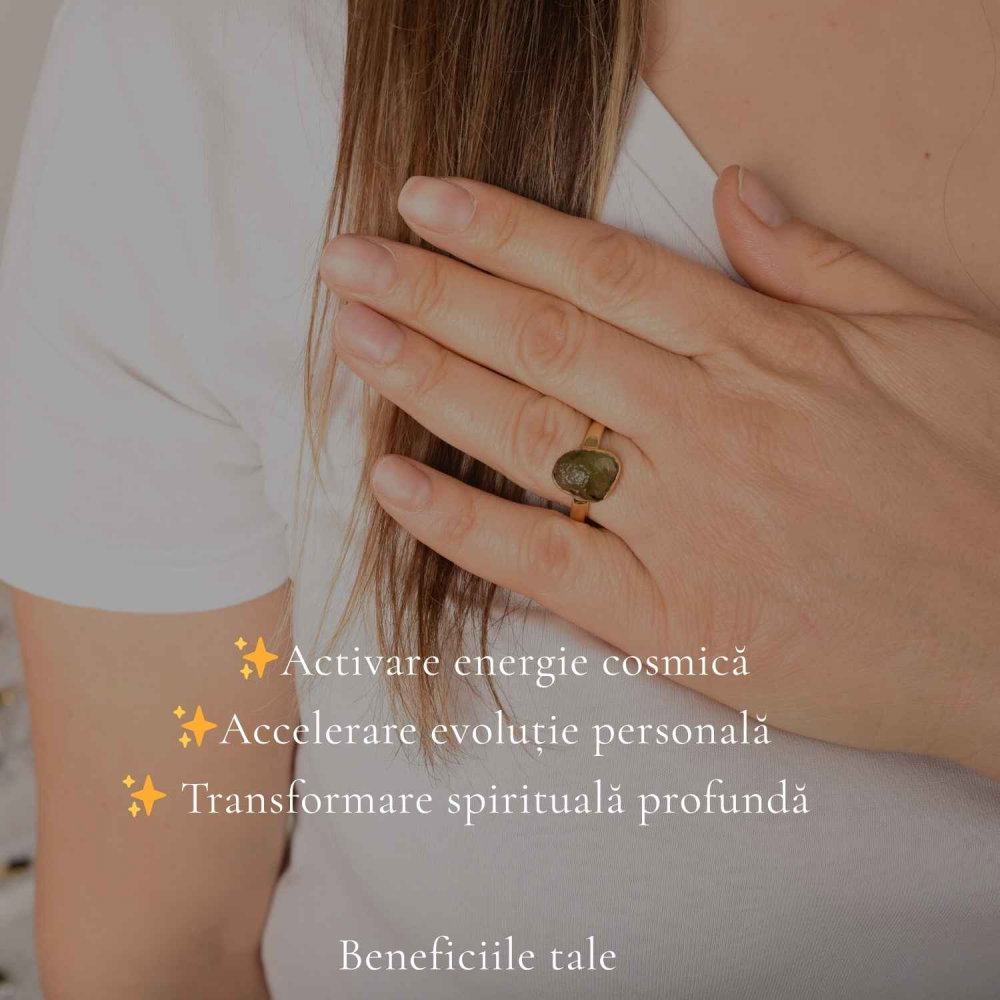 Inel cu Moldavit Natural si Argint 925 Placat Aur 18K, M10.5/63 - Energie Universala [3]