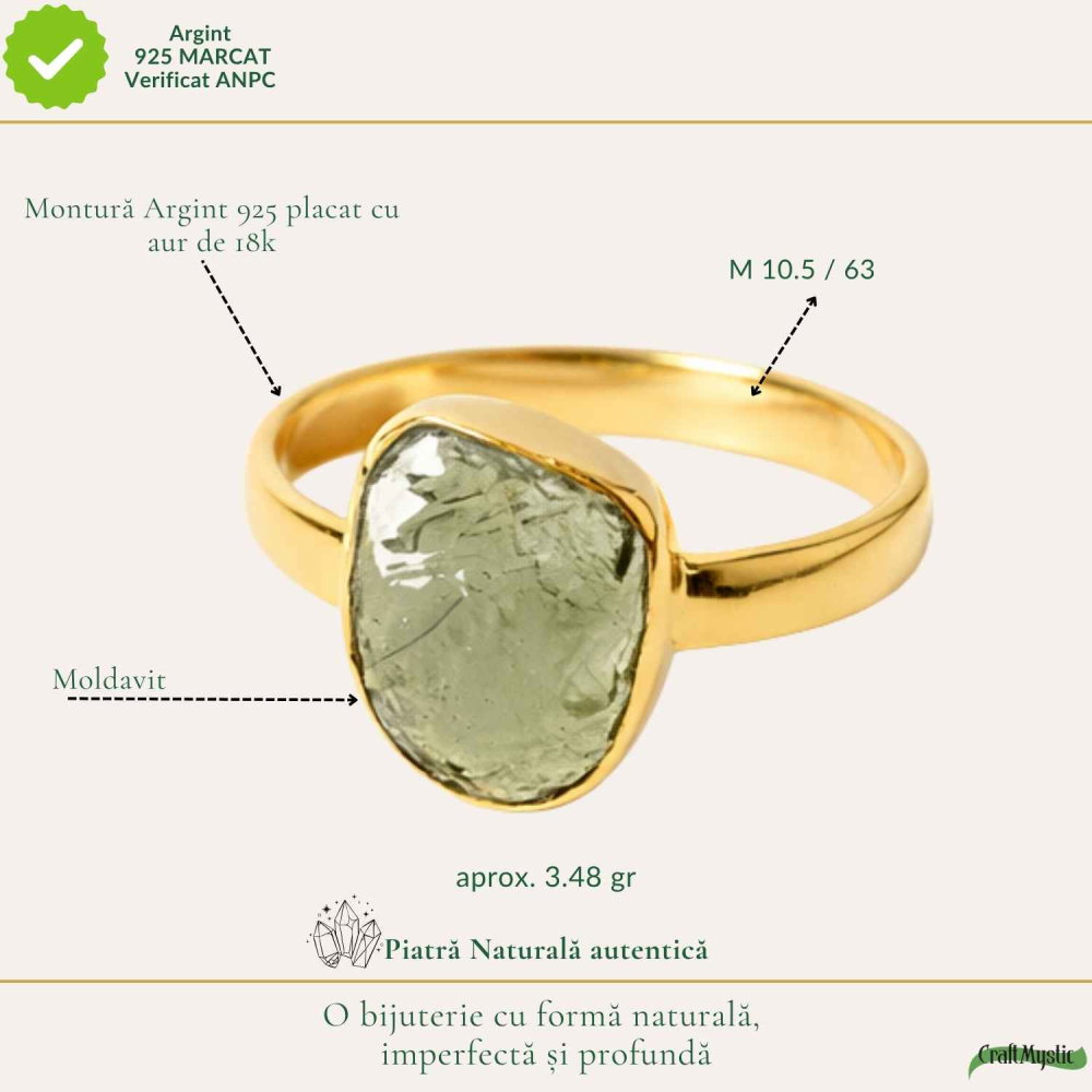 Inel cu Moldavit Natural si Argint 925 Placat Aur 18K, M10.5/63 - Energie Universala [4]