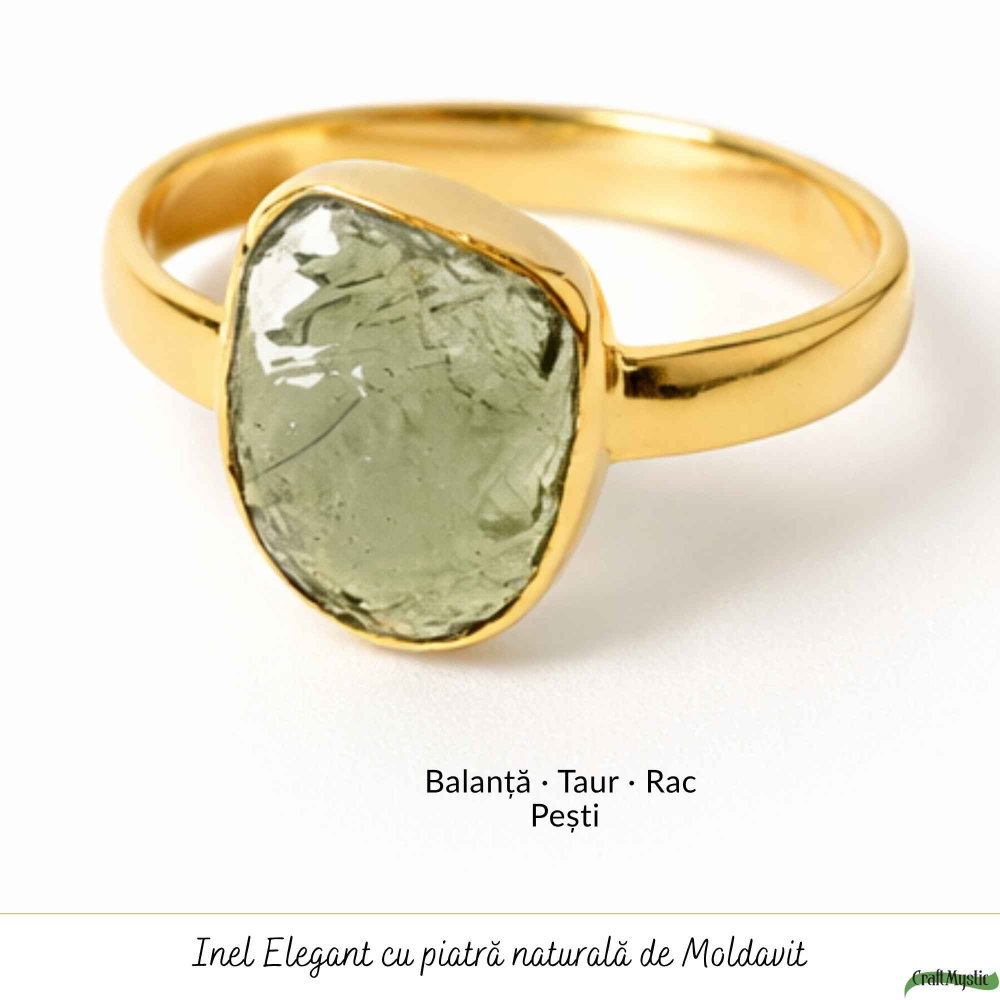 Inel cu Moldavit Natural si Argint 925 Placat Aur 18K, M10.5/63 - Energie Universala [5]
