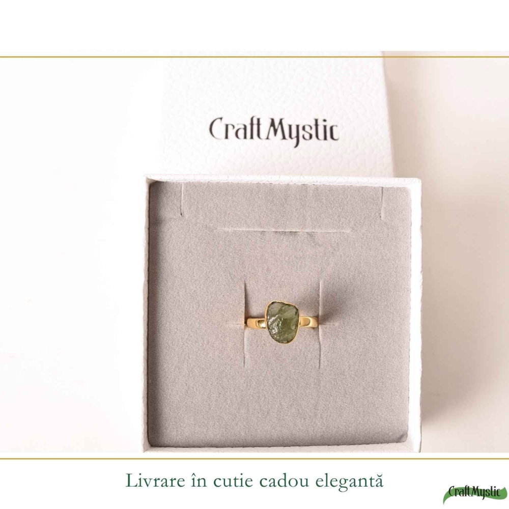 Inel cu Moldavit Natural si Argint 925 Placat Aur 18K, M10.5/63 - Energie Universala [6]