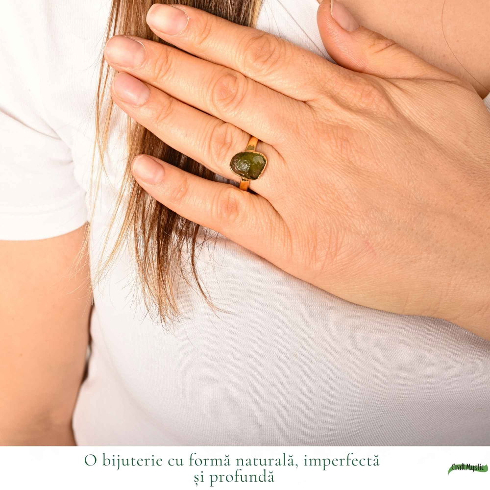 Inel cu Moldavit Natural si Argint 925 Placat Aur 18K, M10.5/63 - Energie Universala [2]