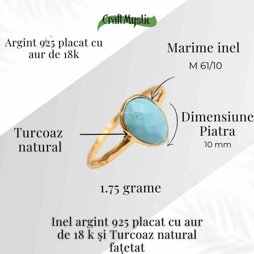 Inel argint 925 placat cu aur 18K si Turcoaz natural fatetat – Protectie, claritate și comunicare [2]