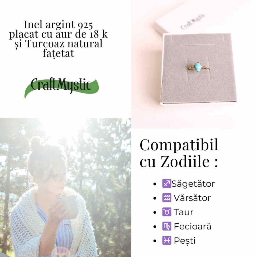 Inel argint 925 placat cu aur 18K si Turcoaz natural fatetat – Protectie, claritate și comunicare [5]