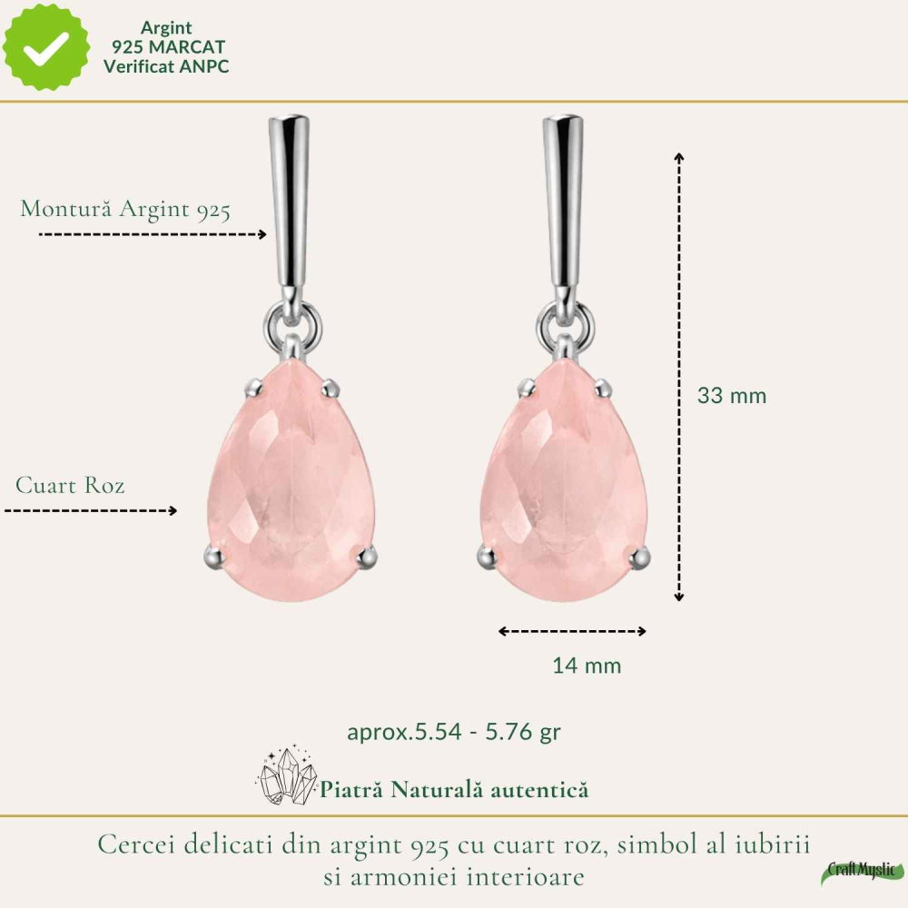 Cercei Argint 925 cu Cuart Roz Lacrima – Iubire si Echilibru Emotional [4]