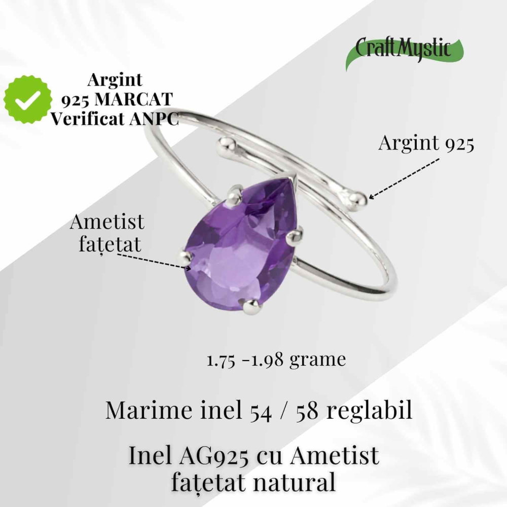Inel din argint 925 cu ametist fatetat lacrima, pentru calm si claritate interioara [4]