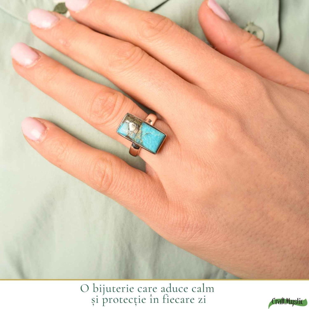 Inel Argint 925 cu Turcoaz si Pirita Dreptunghi – Protectie si Echilibru [2]