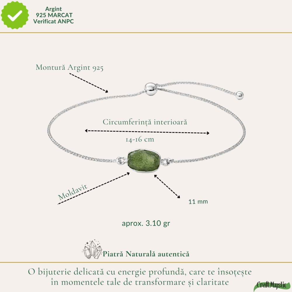Bratara argint 925 cu Moldavit Dreptunghi Natural – Claritate si Energie Interioara [4]