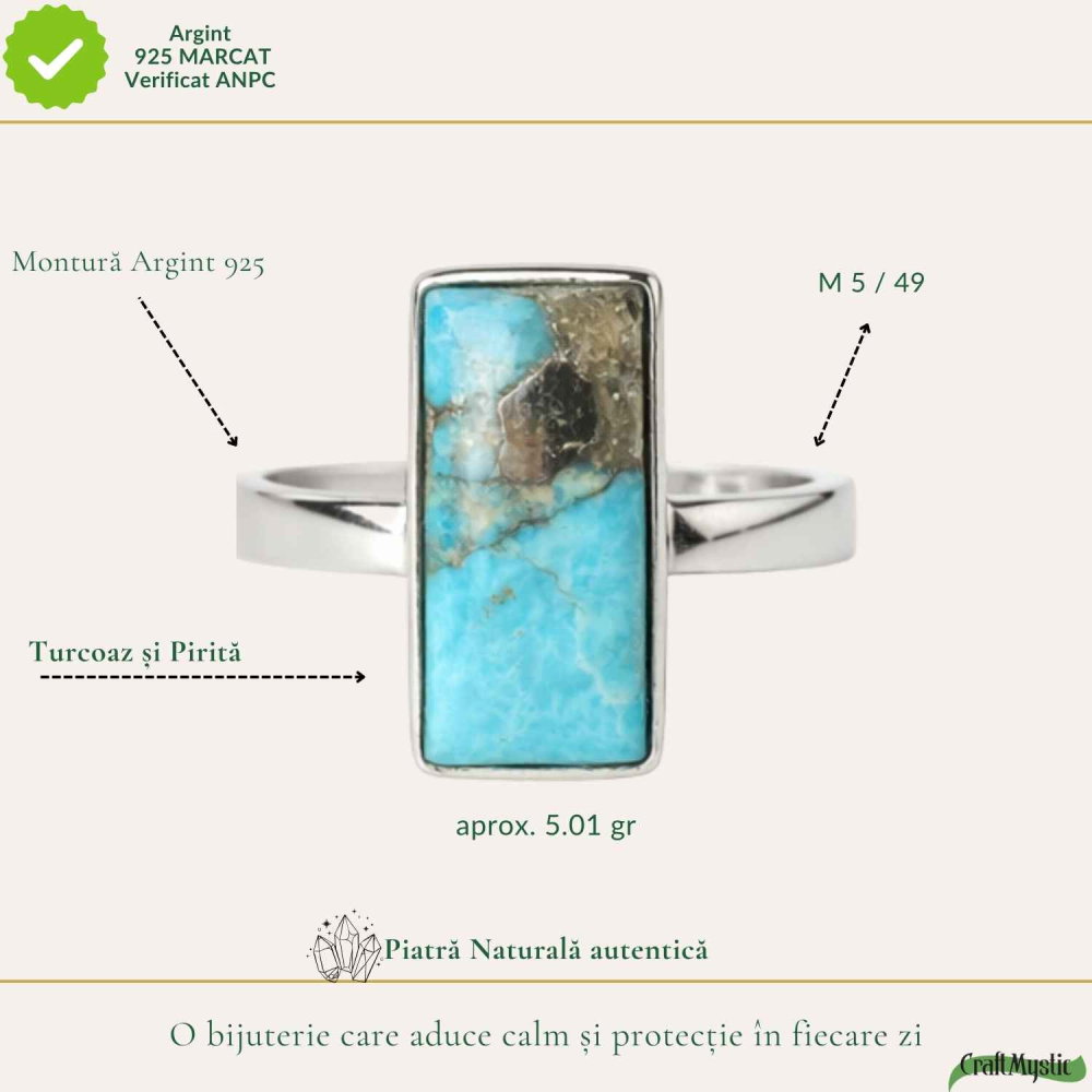 Inel Argint 925 cu Turcoaz si Pirita Dreptunghi – Protectie si Echilibru [4]