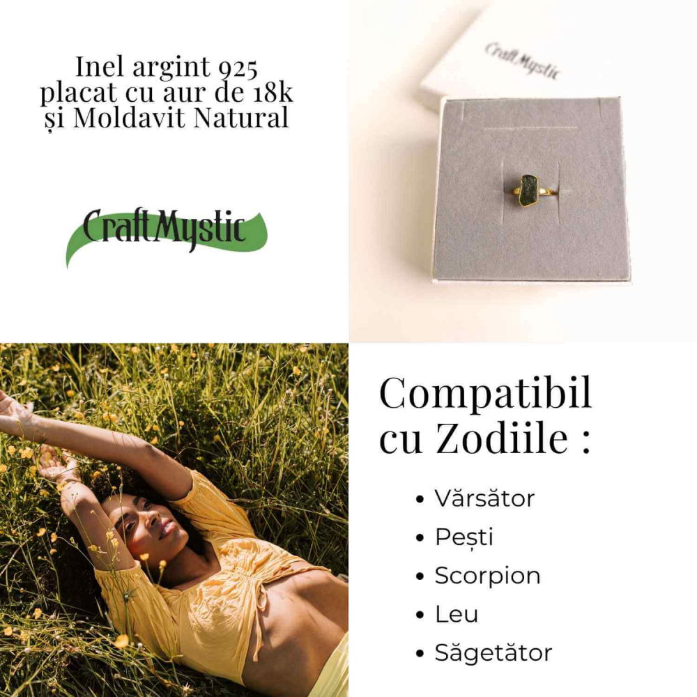 Inel din argint 925 cu Moldavit placat cu Aurit  de 2.74gr 18k 46 (EU) / 4.5 (US)– Energia Metamorfozei Spirituale [5]