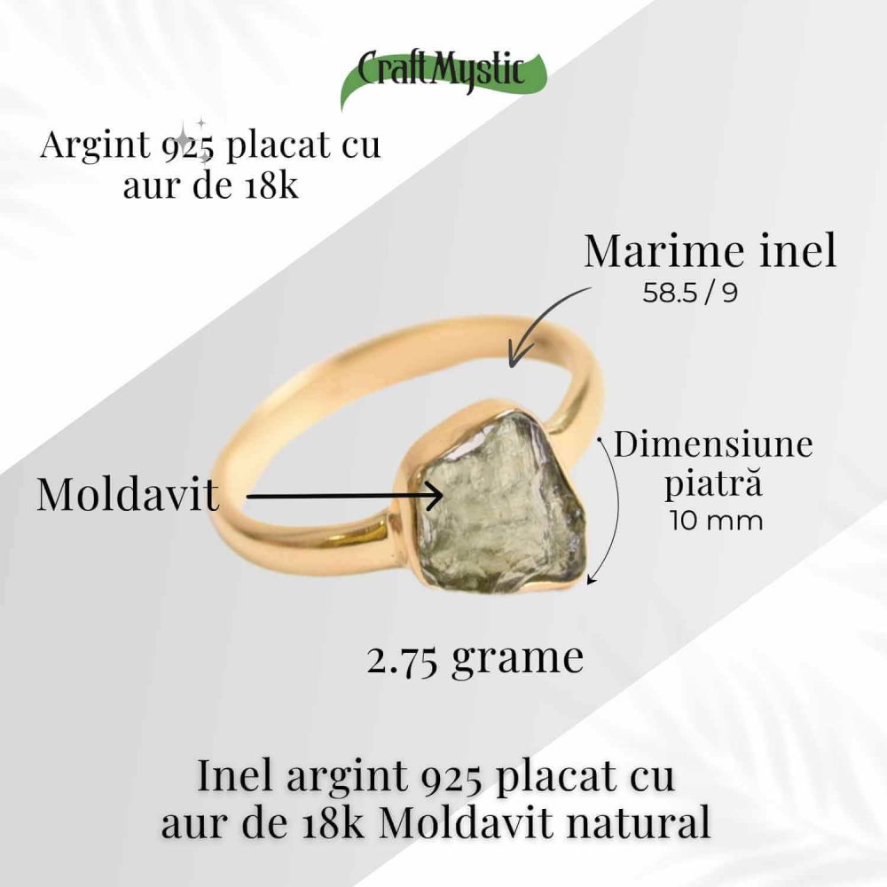 Inel cu Moldavit din Argint 925 placat cu Aur de 18K 2.75 gr 58.5 (EU) / 9 (US)– Piatra transformarii si evolutiei spirituale [4]