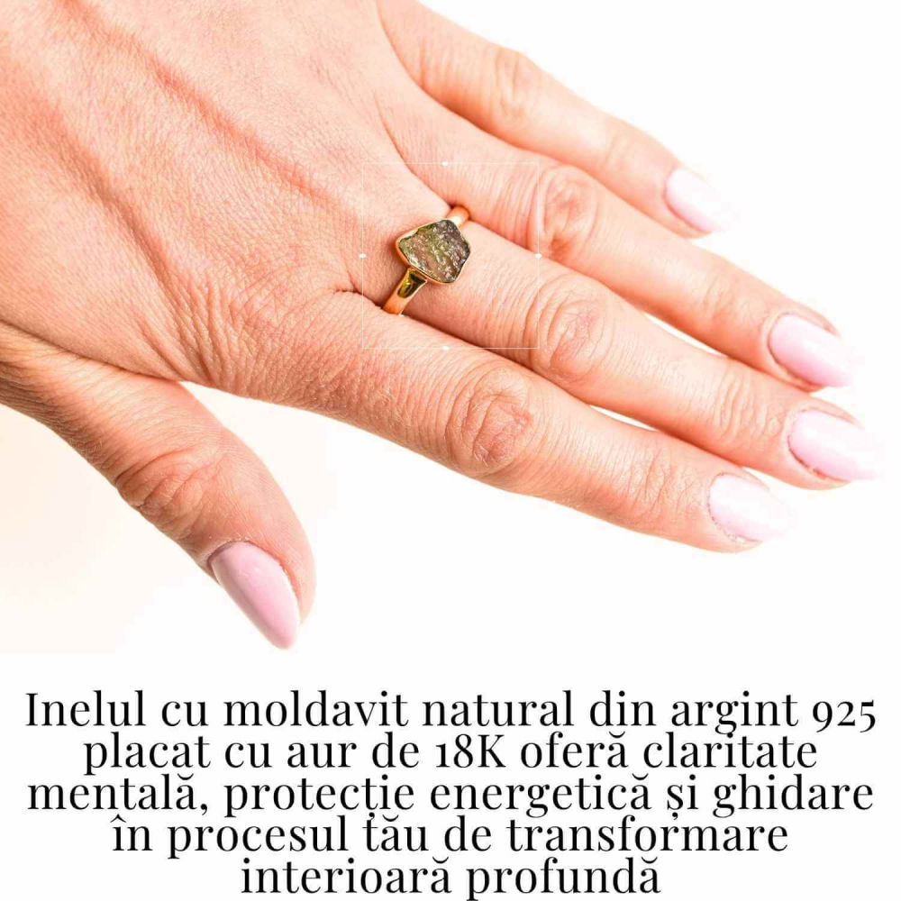Inel cu Moldavit din Argint 925 placat cu Aur de 18K 2.75 gr 58.5 (EU) / 9 (US)– Piatra transformarii si evolutiei spirituale [2]