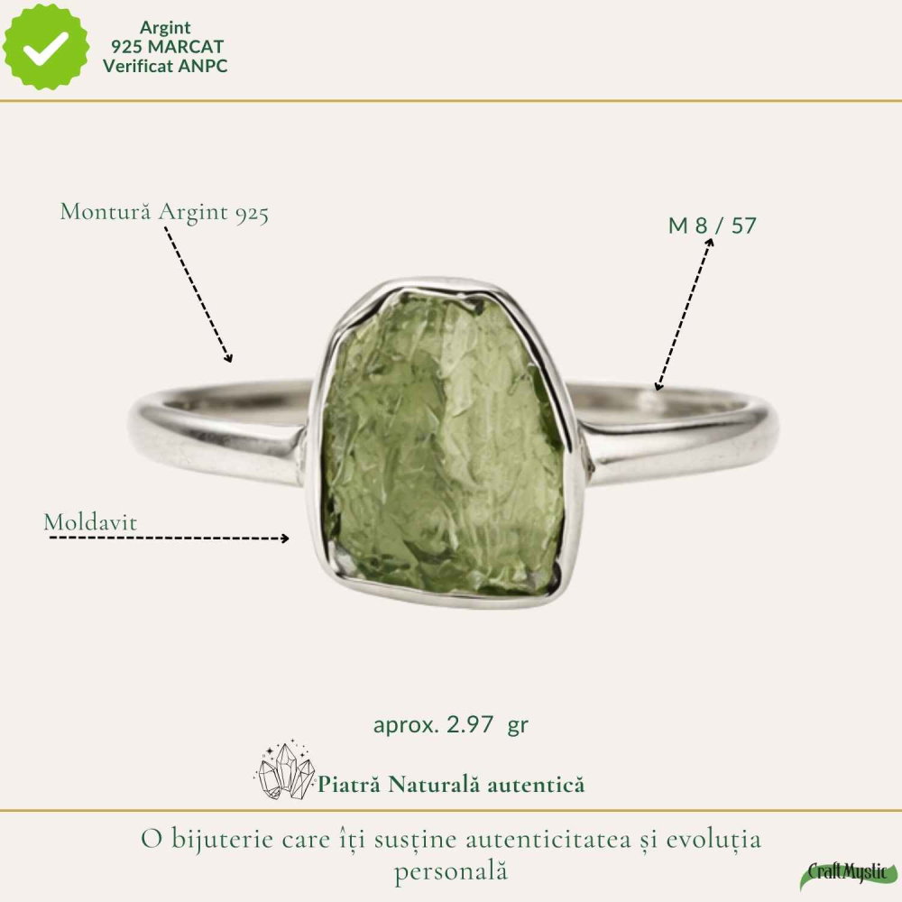 Inel Argint 925 cu Moldavit Verde Brut, M8/57 – Claritate Mentala si Energie Cosmice [4]